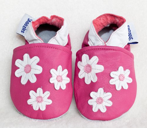 Soft leather baby shoes pink with white flowers