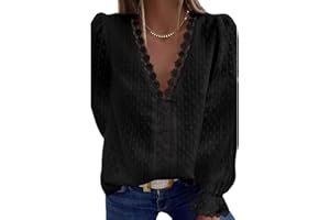 Coloody Blusa con Cuello en V para Mujer Camisa de Encaje Manga Corta Túnica de Color Sólido Tops