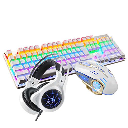 L&Y Teclados para Gamers Teclado mecánico Juego Panel de Metal Cable USB Teclado Rainbow Retroiluminado Oficina Impermeable Multimedia Teclado 87 / 104KEY Teclado Ratón Auricular Tres Piezas