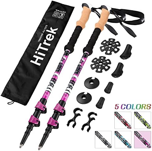 HiTrek Trekking Poles - Telescopic Light Alpenstock Hiking Sticks Cork Grip - Collapsible Lightweight Nordic Walking Stick for Kids Women &amp; Men with Quick Lock 4 Seasons Accessories &amp; Carrying Bag