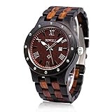 Bewell Retro Montre à Quartz en Bois de Montre pour Hommes avec Multi-fonction de l'affichage du Calendrier et lumineux Pointer W109A (noir et rouge)