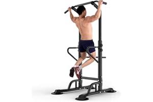 DlandHome Chaise Romaine Musculation Ajustable Dips Traction Barre de Traction sur Pied Dips Station Traction Tower de Musculation pour Abdominaux, Accoudoirs, Fitness