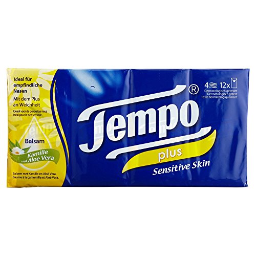 Tempo Taschentücher Plus, 4-lagige Papiertücher in bewährter Tempo Qualität mit Aloe Vera und Kamille, 12 x 9 Tücher (108 Tücher)