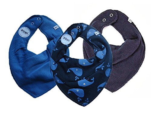 Pippi 3er Set Baby Dreieckstuch Halstuch Lätzchen uni navy & Wale & uni mittelblau