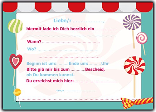Set 12 Einladungskarten zum Kindergeburtstag Geburtstag Einladung Karten Lollies Lutscher Geburtstagseinladung Geburtstagskarte mit Text neutral Sommerfest Strand beach retro vintage teenager Kinder - 2