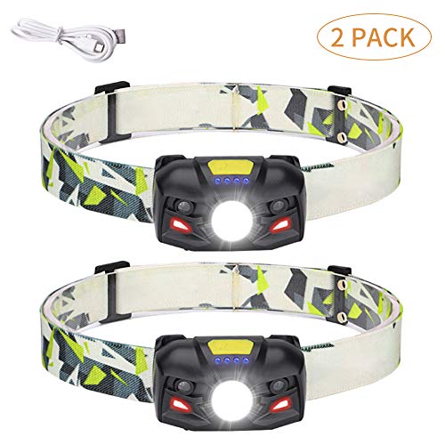 Lampada Frontale LED USB Ricaricabile con display livello batteria, 6 modalità di illuminazione, IPX4 impermeabile, rilevatore di movimento per pesca, campeggio, escursionismo, ciclismo (2 PCS)