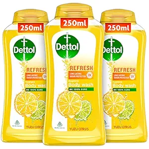 Dettol Body Wash and Shower Gel for Women and Men, Refresh (Pack of 3 - 250ml each) | Soap-Free Bodywash | 12h Complete Odour Protection