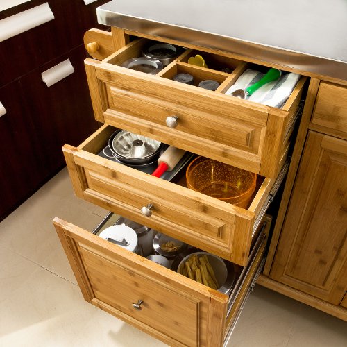 SoBuy® Luxus-Küchenwagen aus hochwertigem Bambus mit Edelstahlarbeitsplatte,Kücheninsel,Küchenschrank,B129xT46xH91cm FKW14-N - 4