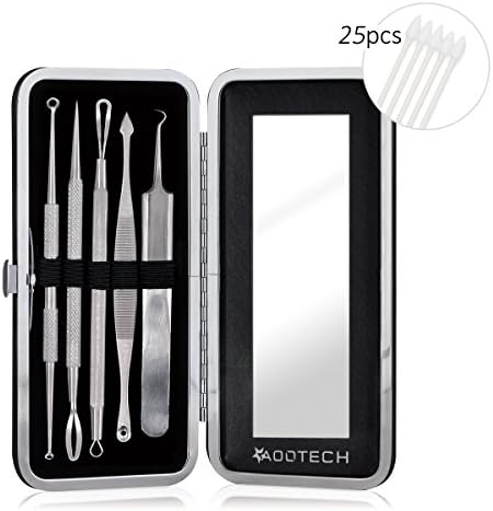 Blackhead Remover Acne Removal Tool 5 PCS with Cotton Swabs &amp; Mirror Case, Curved Tweezers Set Pore Cleaning Tools
