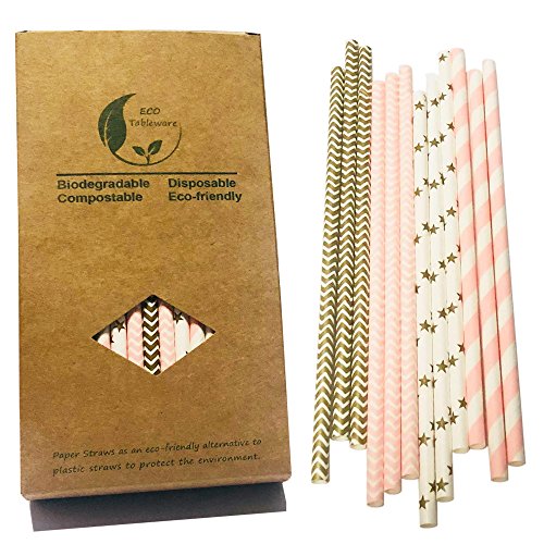 Cannucce di carta per festa, con stelle dorate, con strisce dorate, con strisce rosa, con onde rosa, 4 stili misti, colore rosa e oro