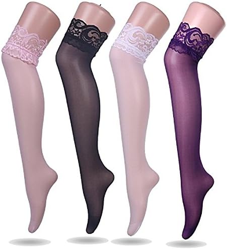 Women's Lingerie Lace Thigh High Silk Stockings Wedding high black (4 Pairs) (White Black Pink Purple)