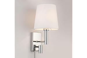 HARPER LIVING 1xE27/ES, Up Down Wall Adjustable LED Reading Light, and 2 On/Off Switches, Finish, Shape, Fabric (Cylinder Shade with Plug), Metal, Polished Chrome and White