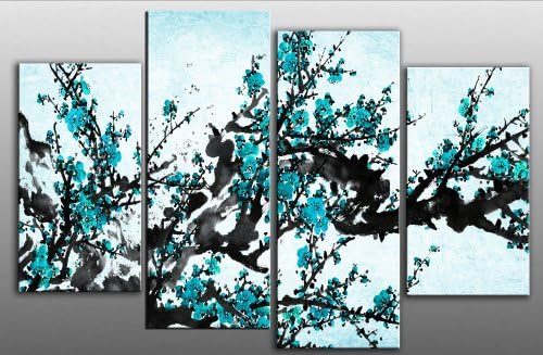 Large plum blossom painting Turquoise Blue Chinese canvas artwork 4 pieces multi panel split canvas completely ready to hang hanging cord attached, hanging template included hand made printed to order UK company 38” width 28” height
