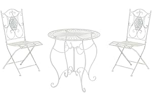 CLP Aldeano Garden Furniture Set Made of Iron, Easy-Care Garden Furniture Set: 2 x Folding Chairs and 1 x Table, Colour: Antique White