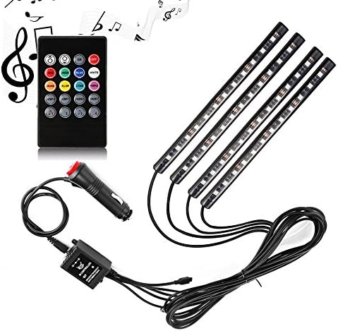 LED Car Interior Strip Lights - SurLight 4pcs 48 LED DC 12V Multicolor Music Car Footwell Lights Interior Atmosphere Neon Lights Under Dash Lighting Kit with Sound Active Function and Wireless Remote Control, Car Charger Included