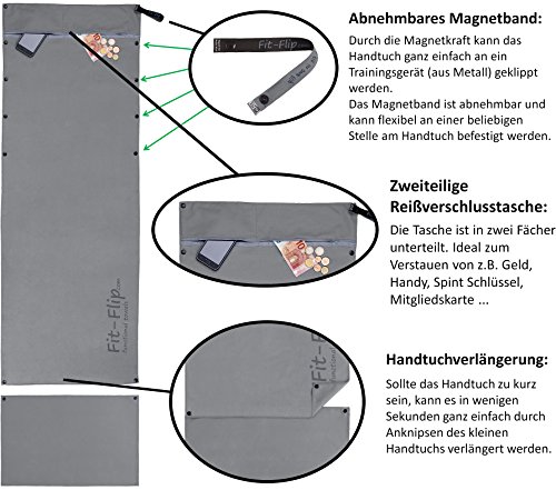 3-tlg Fitness-Handtuch Set mit Reißverschluss Fach + Magnetclip + extra Sporthandtuch | zum Patent angemeldetes Multifunktionshandtuch, Fit-Flip Microfaser Handtuch - 4