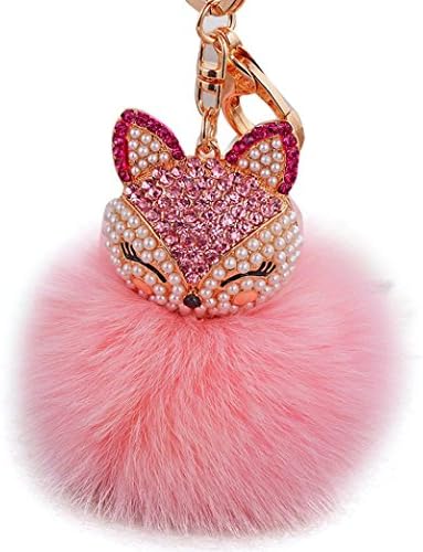 Oyedens Cute Rhinestone Faux Fox Fur Plush Ball Key Holder Bag Pendant Keychain Fluffy Accesories (Peach)