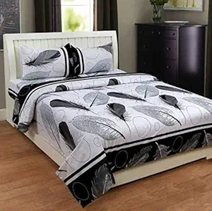 Cotton Villas 3D Black White Leaf Printed Bedsheet for Double Bed with 2 Pillow Cover Microfiber and Cotton Mix Color White (88 X 88 inch )