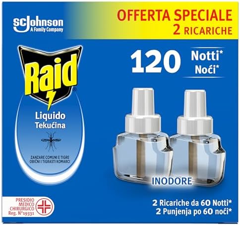 Raid Liquido Elettrico Antizanzare Doppia Ricarica, Inodore, Confezione da 2 Ricariche da 36ml, 120 Notti