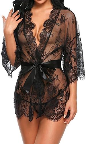 Caeasar Women's Sexy Lace Transparent Mesh Lingerie Night Mini Dress with Belt G-string