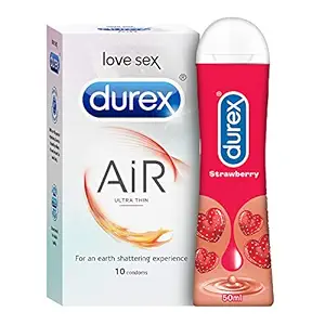 Durex Air Condoms for Men - 10 Count with Durex Lube Strawberry Flavoured Lubricant Gel for Men & Women - 50ml | Water based lube | Suitable for use with toys