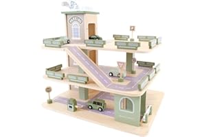 Bandits & Angels Holzspielzeuggarage Bandits Parkerlebnis mit 3 Etagen und Aufzug – inklusive 4 Autos – Spielzeugautogarage aus Holz – Retro-Grün