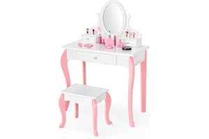 LIFEZEAL Juego de Tocador Infantil con Taburete, Mesa de Maquillaje con Espejo Giratorio de 360°, Tocador Niña y Escritorio 2 en 1, tocador de Maquillaje con cajones para Niños (Blanco)