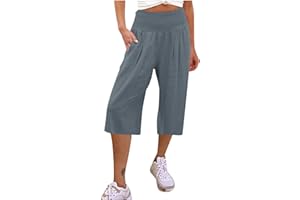 KUIH 3/4 Shorts for Women UK Summer Comfy Cotton Linen Shorts Wide Leg High Waist Straight Shorts with Pockets Hiking Outgoing Shorts Trousers Breathe Beach Shorts UK Size 8-18