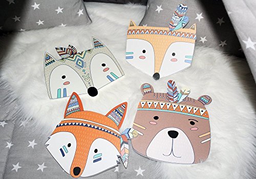 Wanddekoration in 3D für das Kinderzimmer *** NEUHEIT *** 4er-Set mit 3D-Effekt -Süße bunte Indianer Tierköpfe in TOP Qualität auf 10mm starken Platten – MADE IN GERMANY - 4