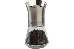 T&G CrushGrind Tip Top Pepper | Peppercorn Mill with Glass Base, 12.5cm, Stainless Steel | Gourmet Fully Adjustable Ceramic Manual Grinder | Shaker | Coarse & Fine | Easy Fill