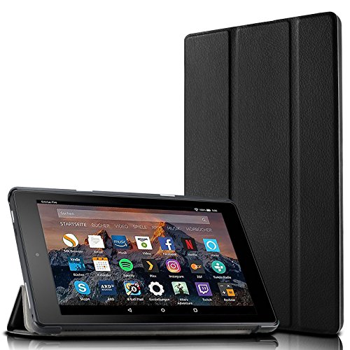 Hülle für Fire HD 8 (8-Zoll-Tablet, 7. Generation - 2017), Infiland Ultra Dünn Tri-Fold Smart-Muschel PU Leder Ultra Schlank Superleicht Ständer Smart Shell Cover Schutzhülle Etui Tasche für Fire HD 8 (8-Zoll-Tablet, 7. Generation - 2017)(mit Auto Schlaf / Wach Funktion)(Schwarz)