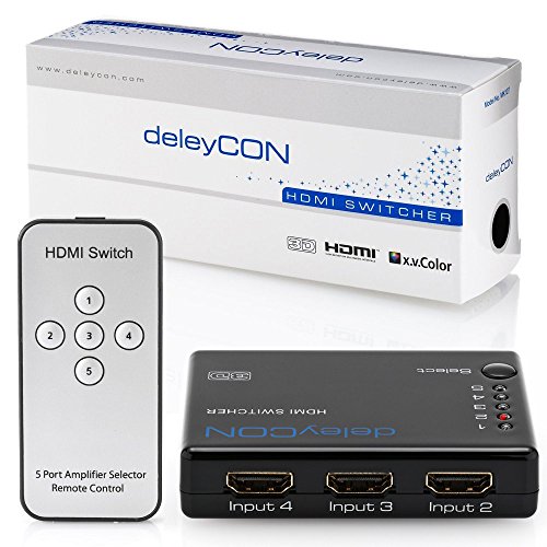 deleyCON HDMI Switch Verteiler 5 Port Automatisch – 3D Ready bis 1080p – inkl. Fernbedienung – [5x IN / 1x OUT] - 3