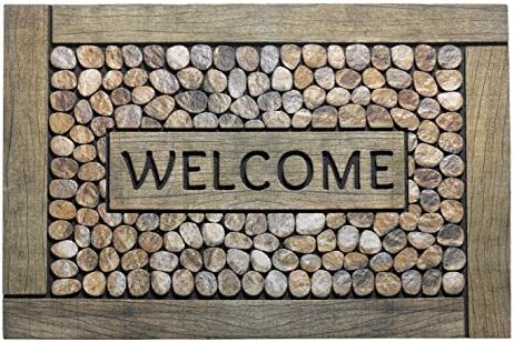 ECOMASTER High Quality door mat 45 x 75 cm made of 95% recycled rubber for use inside or outside the home. Frost resistant. Design WELCOME Framed Pebbles. Colours beige and brown.