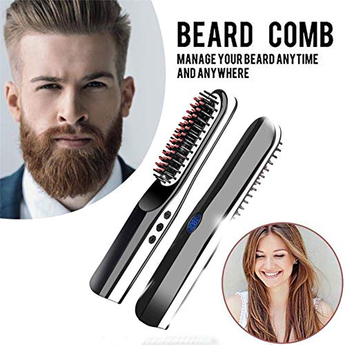 SYANG 2 en 1 Brosse Lissante Chauffage Céramique sans Fil, Portative Anti-brûlure Lisseur?Barbe Peigne Électrique Beard Straightener pour Tout Type de Cheveux