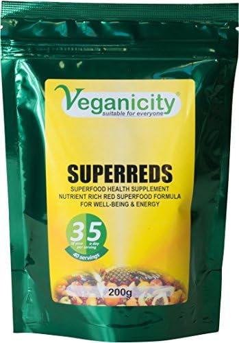 VeganicitySuperReds Superfood Powder (Beetroot, Goji, Strawbwerry, Raspberry, Bilberry, Cranberry, Pomegranete & More...) : General Health & Wellbeing Supplement - 200g, in a Recyclable Pouch