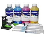 El Cartucho original negra contiene 4ml con 100 ML de tinta tienes La posibilidad de regeneración de 25 veces. Cartucho original Color contiene 3 ML de cada Color, con 100 ML tienes La posibilidad de regeneración de más de 30 veces. con Este kit ahorros 650 € en comparación con Cartuchos originales.