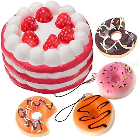 IPARTSHOP 4 Pieces Jumbo Soft Squishy Strawberry Cake and Mini Squishies Donuts Slow Rising (Random Color),Stress Relief Toy