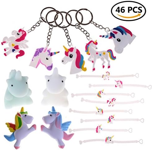 WuliRose 46 PCS Mini Unicorn Squishies Mochi Squishy Unicorn Party Favor Keychains Unicorn Rubber Wristbands Bracelets