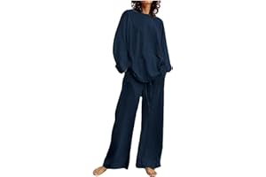 HAOLEI Ensemble Jogging Femme Coton et Lin Survêtement 2 Pcs Combinaison Été Automne Sweat Sweatshirt Pantalon de Sport Tenue de Sport Décontracté Streetwear Lâche Respirant T-Shirts + Pantalon