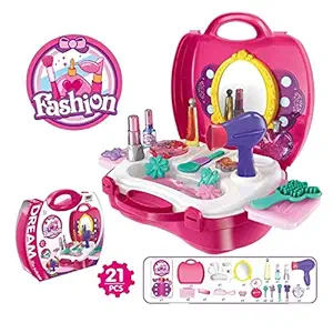 MEGATOYS Make up Toy Pretend Play Girls Toys Set, Makeup Toy with Mirror Hairdryer and Styling Accessories Pink for Kids Children