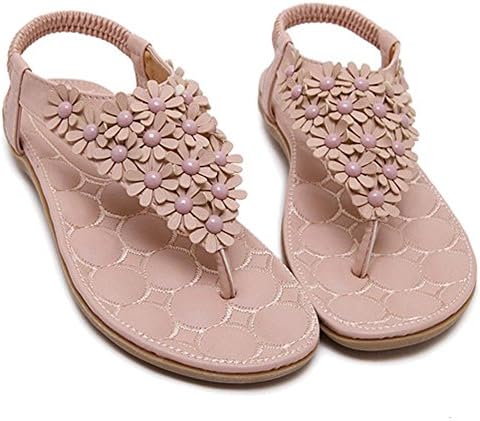 Women Sandals Flowers Beach Flip Flops Boho Low Heel Ankle Strap Shoes.35-41 Pink 40