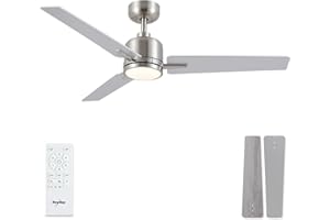 Newday Ventilatore da Soffitto Argento e Legno, 122cm Ventilatore da Soffitto con Luce Dimmerabile e Telecomando Silenzioso, Ventola Soffitto Réversible, 3 Pales da Soffitto con 3 Timer 6 Velocità
