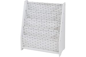 House & Homestyle Children’s Bookcase Hammock Book Storage, White Wooden Finish Book Display Holder with White Fabric Shelves - White / Grey Stars,H 60cm x W 50.5cm x D 23cm