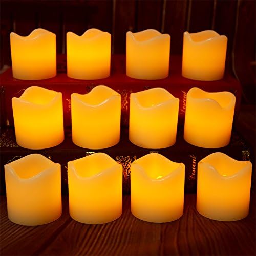 【Real Wax 6H Timer,100+ Working Hours】Flickering Real Wax Flameless Tealights Candles Battery Operated Votive Candles Tea Lights 12 Pack Amber Yellow Flame(Dia. 5cm x 5cm Height)