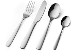 BIWHALE Cutlery Set 16 Piece, Stainless Steel Flatware Silverware Sets with Square Edge, Service for 4 People, Elegant Tableware Included Knives Forks Spoons, Mirror Finished & Dishwasher Safe (Silver)