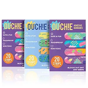 Aya Papaya Ouchie Non-Toxic Printed Bandages Triple Combo (3 X 20= 60 Pack)- (2 X Purple & 1 Blue)