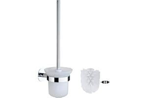 DUFU Escobilla de Baño WC y Portaescobillas de Inodoro, Juego de Escobillas de Baño con Mango de Acero Inoxidable y Cuenco de Vidrio Templado y 2 Cabezas de Cerdas Blandas Plata