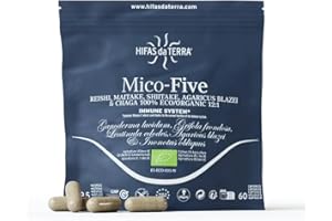 HIFAS DA TERRA - Mico-Five - Extracto Puro de Reishi, Maitake, Shiitake, Champiñón del sol y Chaga con Vitamina C - Refuerzo inmunitario natural - Extracto de Hongos - Refill 60 Cápsulas