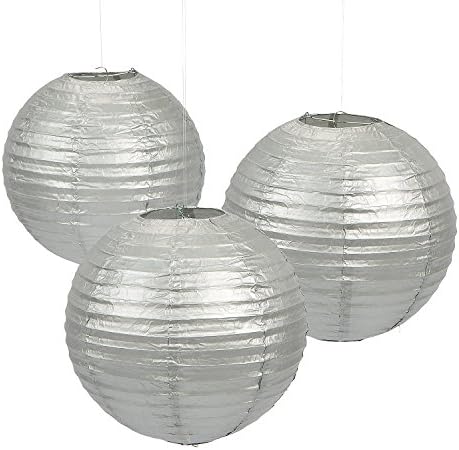 8" Pack of 3 Silver Grey Hanging Paper Lantern Lamp Shades for Wedding Christening Baby Shower Christmas Party Decoration