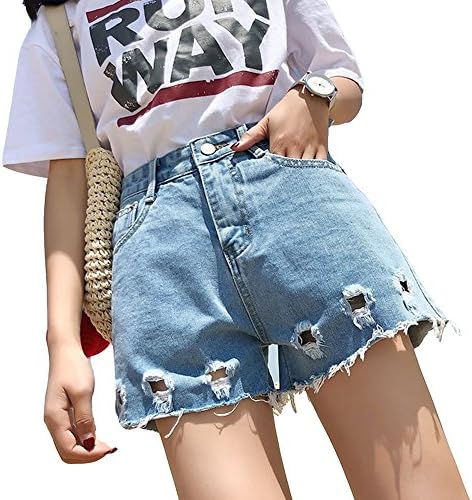 LiuJianQin Jeans ZXQZ Blue Denim Shorts Summer High Waist Wide Leg Denim Shorts Slim Pants Broken Hole Women's jeans (Size : L)